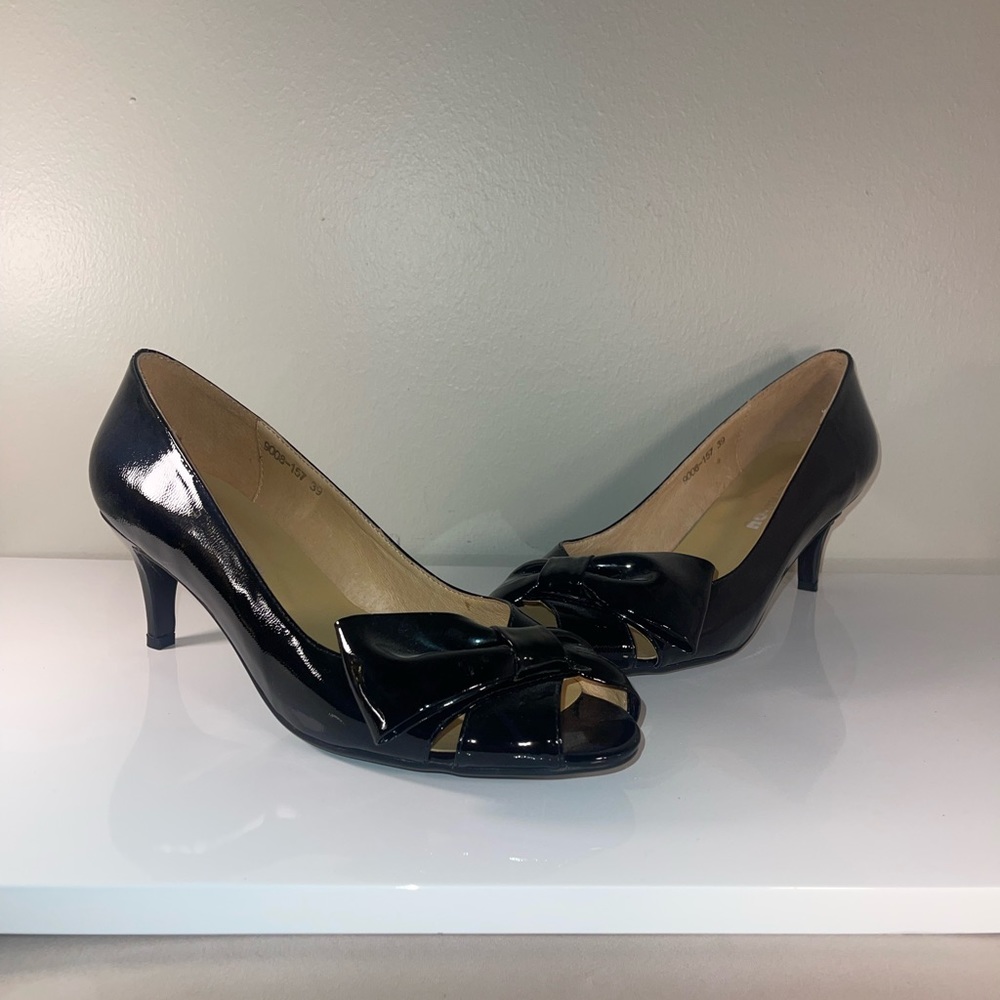 Parkway Black Patent Open Toe Heel with Bow